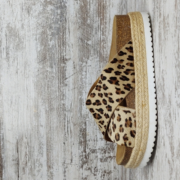 Like New Office Girl Leopard Calf Hair Flatform Espadrille Slide Sandal - Picture 1 of 16